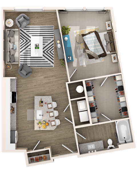 Floor plan for 1 bed, 1 bath, 843 sqft